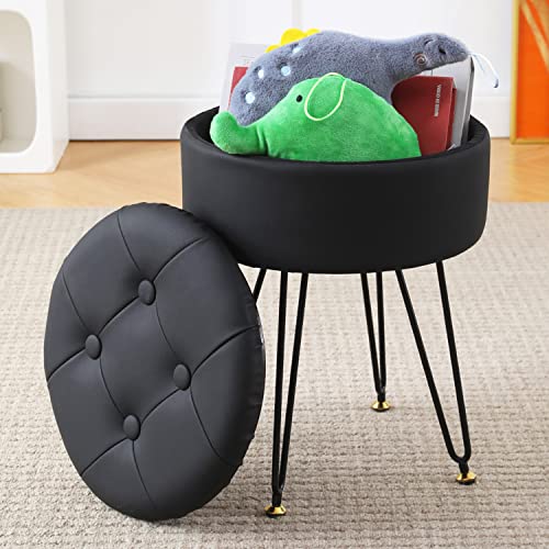 Black Faux Leather Ottoman with Metal Legs - Modern & Multifunctional