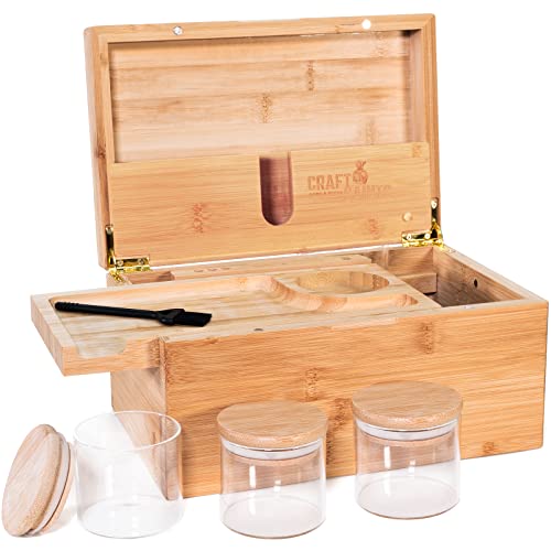 CraftSaints Large Bamboo Herb Storage Box with Rolling Tray and Airtight Jars