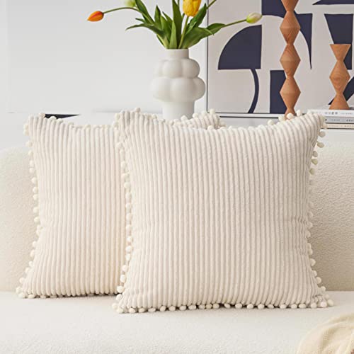 Cream Pillow Covers with Pom-Poms for Couch Sofa Bed