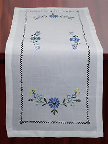 White Blue Daisy Flower Table Runner - 15x34