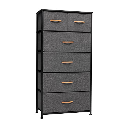Crestlive Vertical Dresser Storage Tower - Sturdy Steel Frame, Wood Top, Easy Pull Fabric Bins - 6 Drawers (Gray)