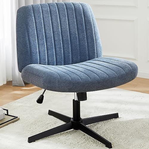Cross Legged Office Chair, Armless Wide Desk Chair No Wheels, Modern Home Office Desk Chair Swivel Adjustable Fabric Vanity Chair