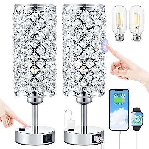 Silver Crystal Touch Control Table Lamps with USB Port" - Hong-in