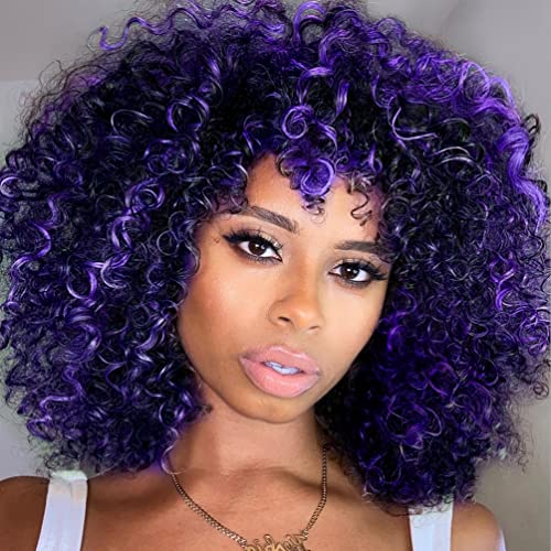 Curly Afro Wig with Bangs in Purple Mixed Blue