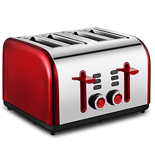 CUSINAID 4 Slice Red Toaster with 7-Shade Setting