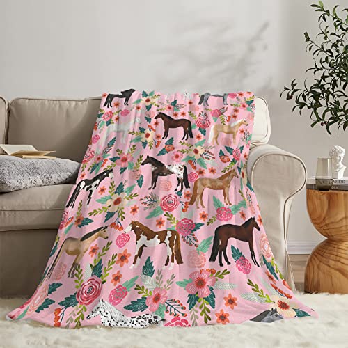 Cute Animal Horses Flowers Fleece Flannel Throw Blanket