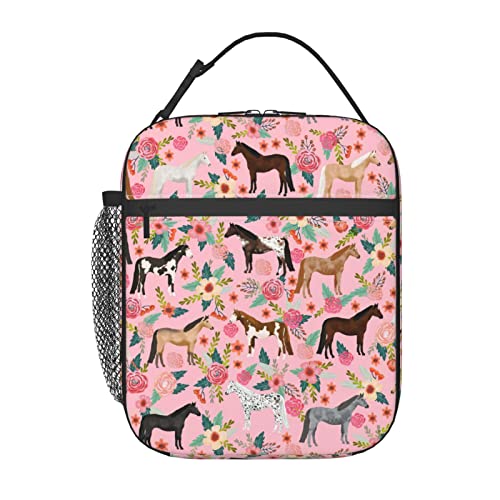 Cute Insulated Lunch Bag - Pink Floral Horse