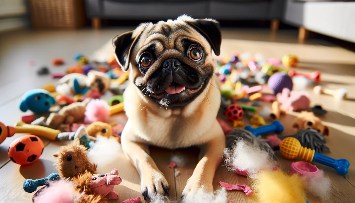 cute pug with toys surrounding it