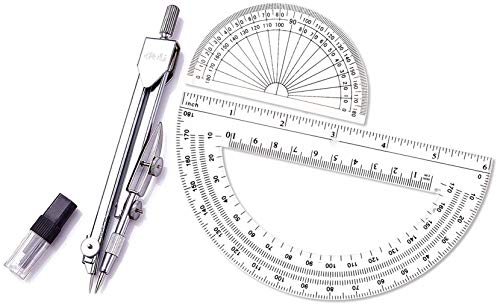CXP Good Goods Drawing Compass and Plastic Math Protractors 180 Degree,4 Inch and 6 Inch,3 Piece Student Geometry Math Set (Style 1)