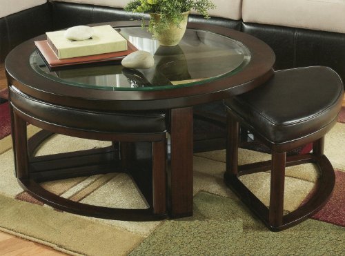 Cylina Solid Wood Coffee Table with 4 Stools