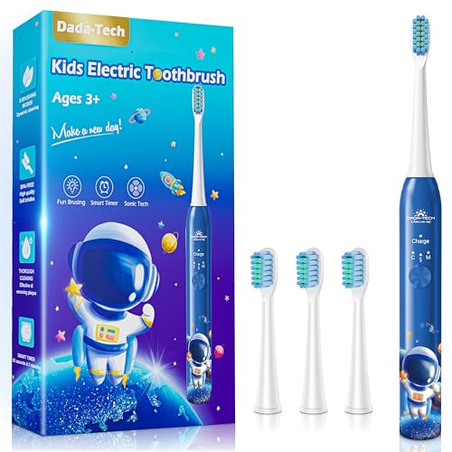 DADA-TECH Kids Electric Toothbrush Rechargeable, Soft Tooth Brush with Timer Powered by Sonic Technology for Children Boys and Girls Age 3+, Waterproof and 3 Modes (Astronaut Blue)