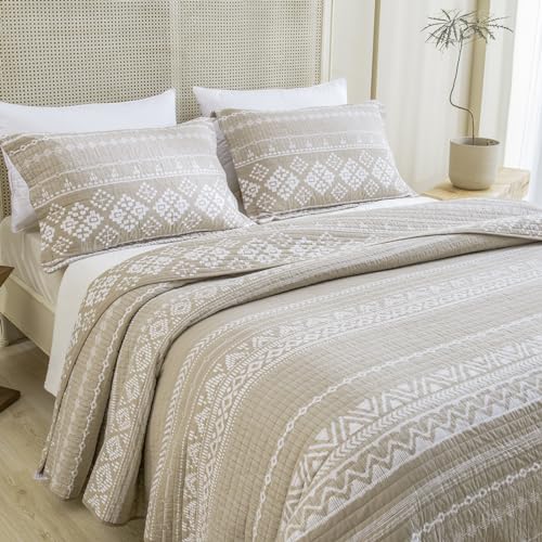 DDUOXIN Boho King Quilt Set - 100% Cotton Geometric Bedding