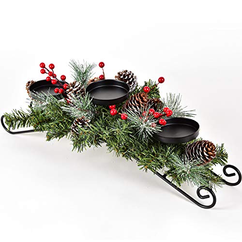 DearHouse Christmas Pine Cone and Red Berry Candle Holder Centerpiece