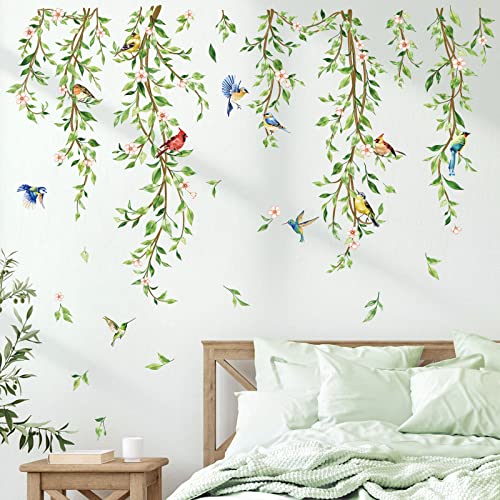 decalmile Hanging Green Vine Wall Decals Plants Leaves Birds Wall Stickers Bedroom Living Room Sofa TV Background Wall Decor