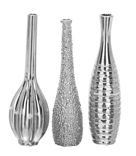 Deco 79 Ceramic Bud Vase with Varying Patterns, Set of 3 3"W, 12"H, Silver