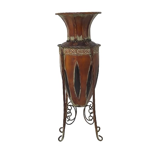 Deco 79 Metal Amphora Vase with Attached Metal Stand and Intricate Design, 9" x 9" x 27", Brown