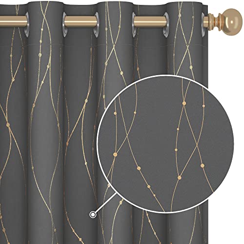 Deconovo Grey Blackout Curtains with Gold Pattern Design, 52x72 Inch, 2 Panels