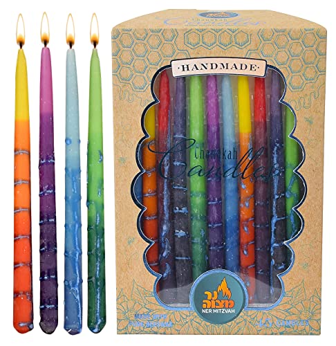 Decorated Multi Colored Beeswax Hanukkah Candles - Premium Quality Pure Bees Wax - 45 Count