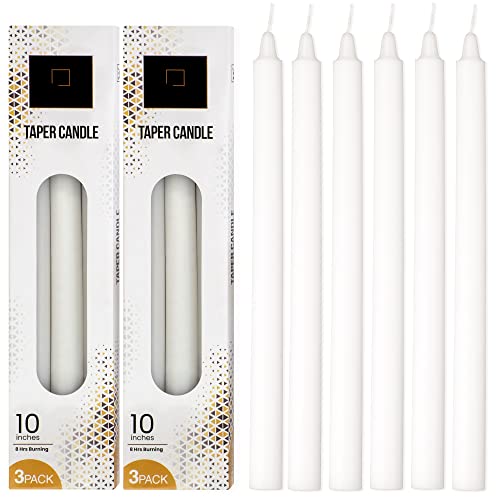 DecorRack 6 White Taper Candles, 10 inch, Unscented Long Lasting and Smokeless, Premium Quality Dinner Candles Ideal for Weddings, Party, and Home Decor (2 Boxes, 3 Candles Each)
