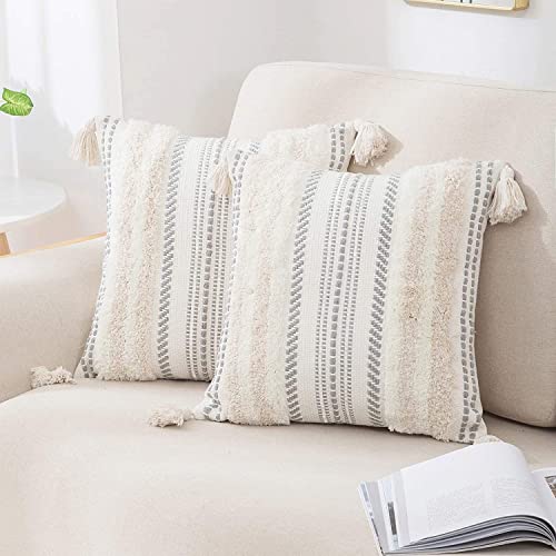 Boho Tufted Pillow Covers Set, Textured Striped Woven, Beige/Cream White