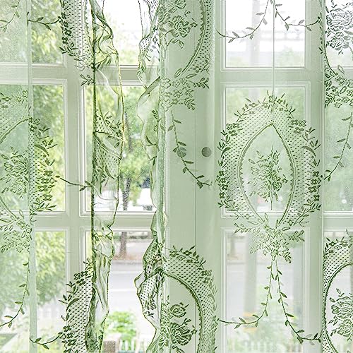 Deeprove Green Lace Curtains 84 Inches Long 2 Panels Set, Olive Christmas Sheer Florals Scallop Ruffle, Chic Vintage Window Treatment Pair St Patrick Decor Drapes for Bedroom, Rod Pocket, W57 x L84