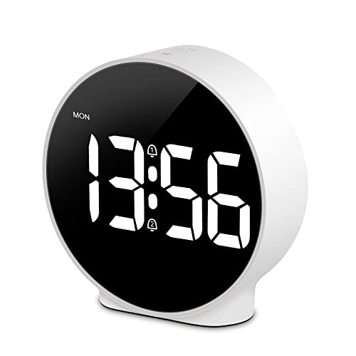 Deeyaple Small Digital Alarm Clock LED Desk Travel Electronic Clock Dual Alarm Snooze Dimmable Day Set 12/24H Week Display 4inch White (No Batteryï¼†Adapter)
