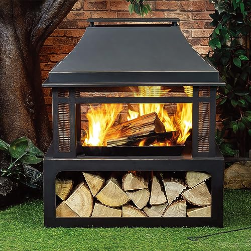40-Inch Wood Burning Outdoor Fireplace with Storage - Black