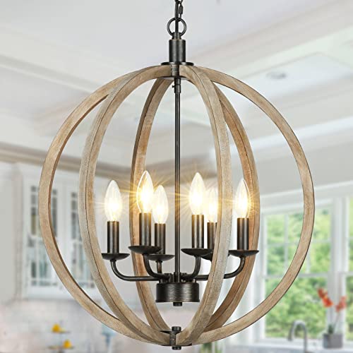 Rustic Wood 6-Light Farmhouse Chandelier for Kitchen Living Dining Bedroom
