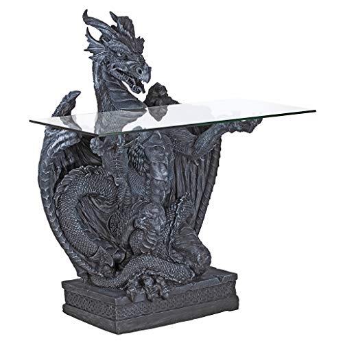 Design Toscano 33 Inch Subservient Dragon Glass Table, Gray Stone