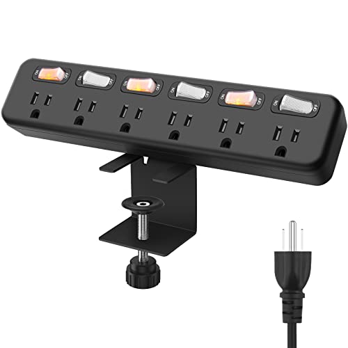 Desk Clamp Power Strip Individual Switches, JUNNUJ 6 Outlet 800J Surge Protector Clamp Outlet Desktop Removable Table Desk Mount Clamp Socket, Tabletop Edge Power Station 6FT Power Cord