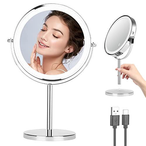 Desktop Magnifying Makeup Mirror with Lights, 8 inch Rechargeable Double Sided 1X/10X Vanity Mirror with 3 Colors Light, 360° Smart Touch Lighted Makeup Mirror with Adjustable Brightness