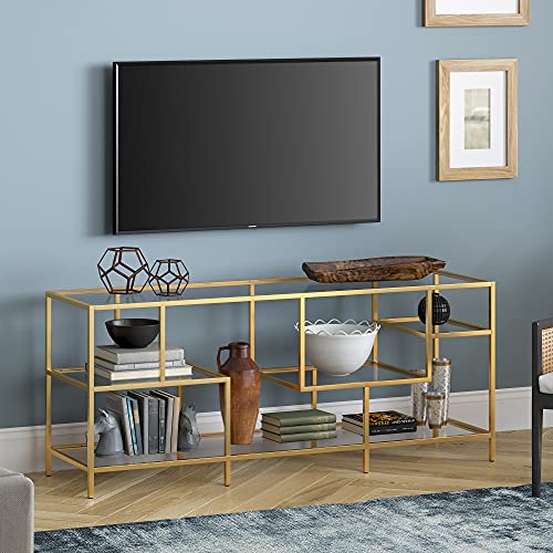 Deveraux Rectangular TV Stand with Glass Shelves for TV's up to 65" in Brass