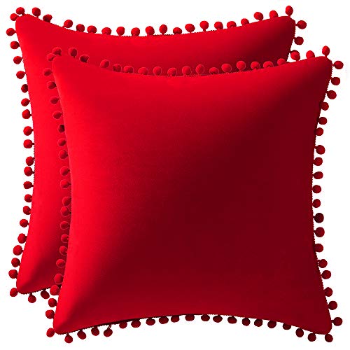 Cozy Pom-pom Velvet Pillow Covers: 2-Pack 18x18 Red Farmhouse Decor