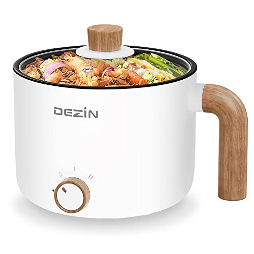Dezin Electric Cooker, 1.5L Portable Ramen Cooker with Nonstick Coating, Mini Pot for Dorm/Office/Travel, Multi-Function Pot for Stir Fry, Steak, Noodles, Soup, Pasta (Egg Rack Included)