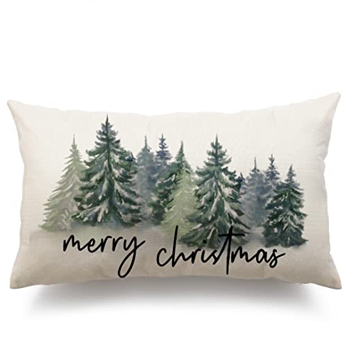 Watercolor Christmas Tree Pillow Covers 12x20 - Rustic Forest Print Decor