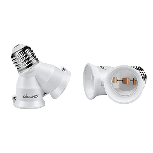 DiCUNO 2 in 1 E26 Socket Splitter Adapter, 2 E26 Standard Medium Base Bulbs in 1 Socket Y-Shape Lamp Holder Converter, Maximum 200W and 165℃ Heat Resistant Light Bulb Splitter 2PACKS