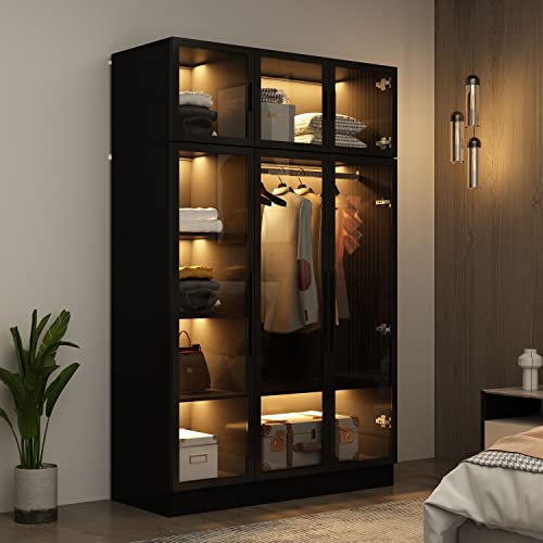 DiDuGo Black Glass Door Wardrobe Closet with Lights & Shelves 47.2" Wide
