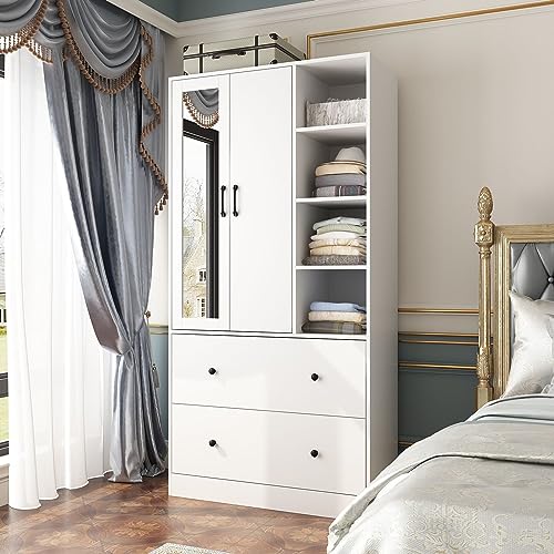 Modern White Armoire Wardrobe with Mirror and Sliding Hanging Rod