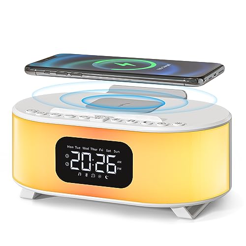 Digital Alarm Clock, Bluetooth Speaker, Wireless Charger, Dual Alarms with Snooze & Natural Sounds, Adjustable Night Light for Bedroom with 12 Colors, Ideal Gift for Kids, Heavy Sleepers, Elders