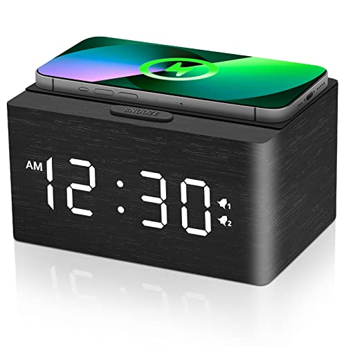 Digital Wooden Alarm Clock with Fast Wireless Charging