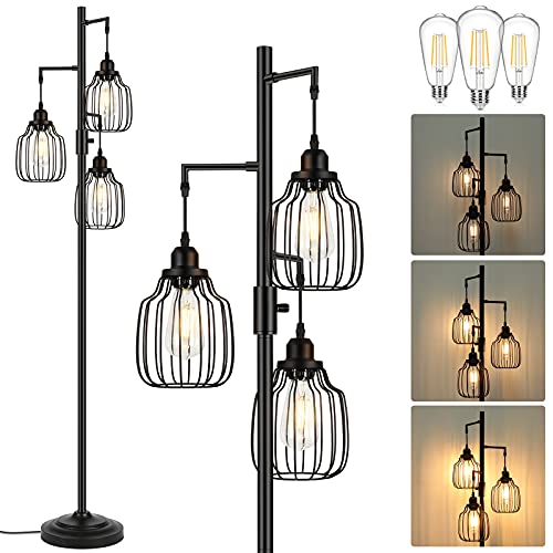 Dimmable Industrial Floor Lamp with 3 LED Edsion Bulbs