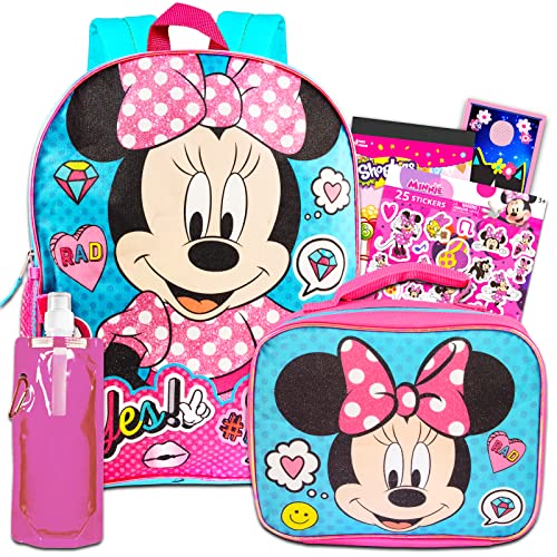 Disney Minnie Mouse Backpack with Lunch Box for Girls 5 Pc Bundle ~ Deluxe  16 Minnie Bag, Insulated Lunch Bag, Stickers, and More (Minnie Mouse