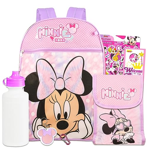 Disney Minnie Mouse Backpack with Lunch Box Set - Bundle with 15" Minnie Backpack, Minnie Mouse Lunch Bag, Stickers, Water Bottle, More