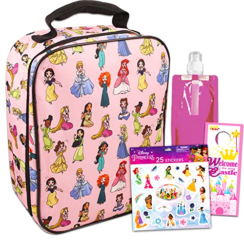 Disney Princess Lunch Box Set for Girls - Bundle with Princess School Lunch Bag for Kids with Pink Water Pouch, Princess Stickers, More School Supplies