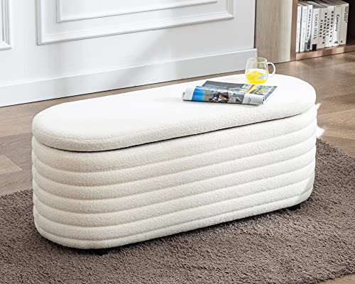 DM Furniture Fabric Storage Ottoman Bench with Safety Hinge (44.5-inch, White)