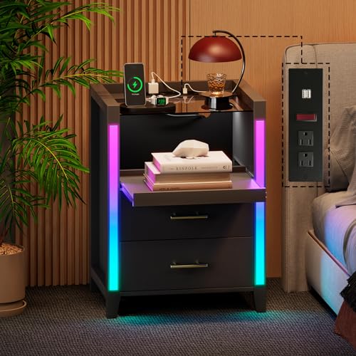 Dnxao Nightstand with Charging Station & LED Lights