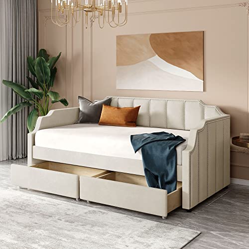 DNYN Twin Size Upholstered Daybed with Storage Drawers