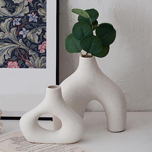 Donut Vase Set 2 - White Ceramic Vase Hollow Matte Pampas Flower Vases