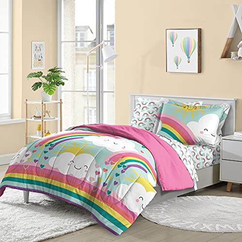 Super Soft Microfiber Comforter Bedding Set for Kids, Twin, Teal Rainbow