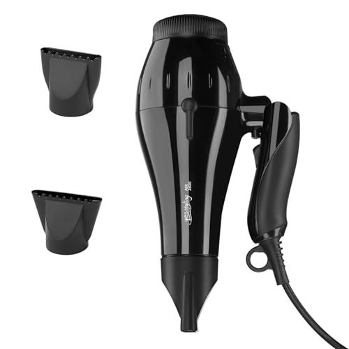 Dual Voltage Hair Dryer, 1200W Blow Dryer with Folding Handle, 2 Heat Settings & Speed, Cool Shot Button, 2 Concentrator Nozzles, Fast Drying for Salon, Family, Low Noise (Mirror Black)